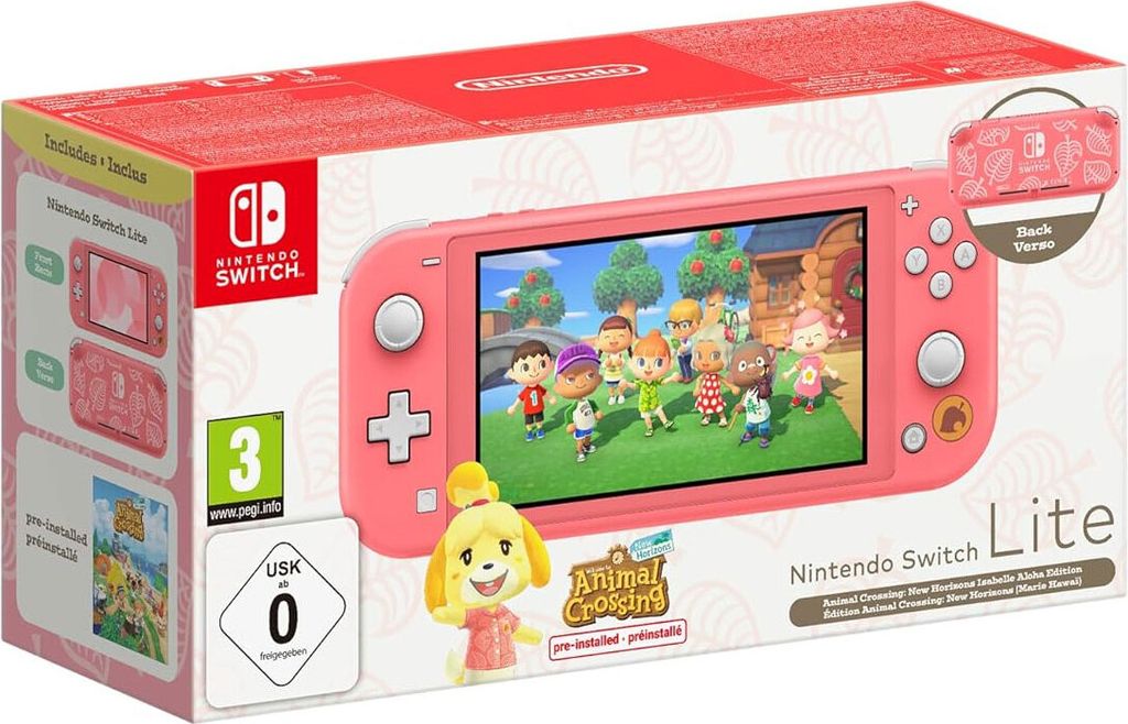 The image shows the retail packaging for a Nintendo Switch Lite console, specifically the Animal Crossing: New Horizons Isabelle Aloha Edition.