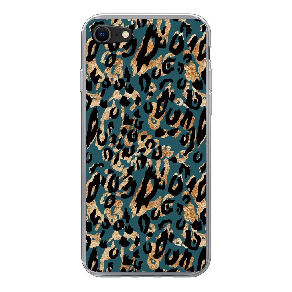 MuchoWow Handyhülle Schutzhülle Hülle für iPhone 7 Pantherdruck - Schwarz - Braun - Türkis Silikon Softcase Handy Hülle - Kartenhalter