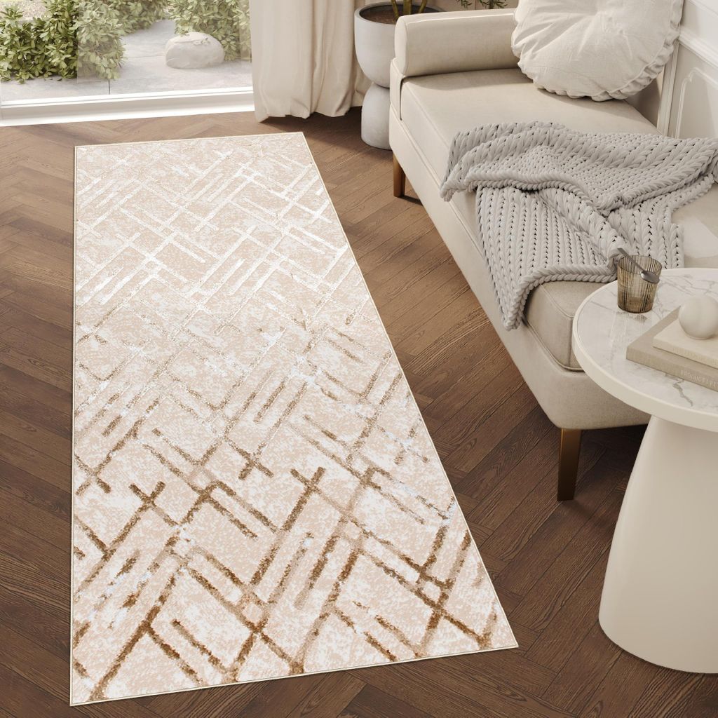 Tapiso Läufer CRYSTAL Modern Beige Gold Wohnzimmer 100 x 390