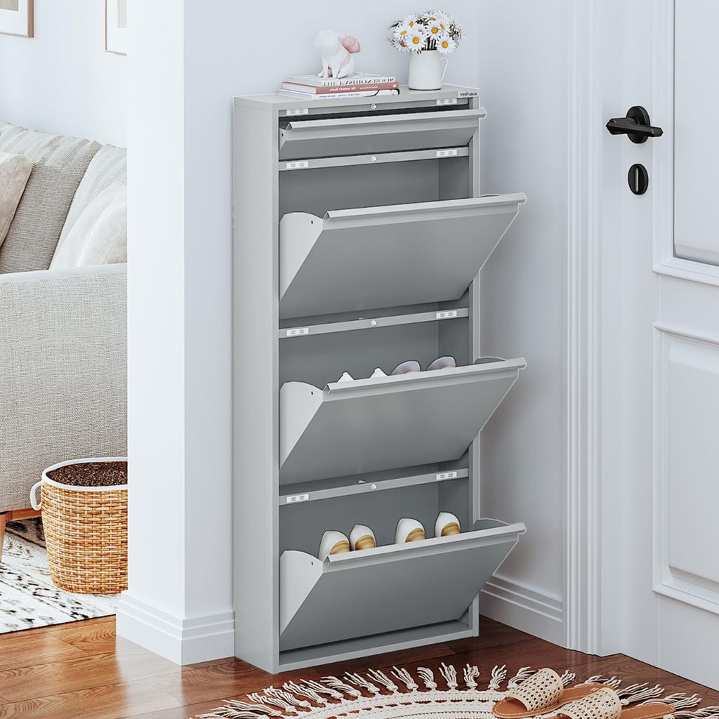 VEEHAUS Schuhregal Schmal Metall Schuhschrank Hoch Schuhkipper mit Magnetische Abdeckung Metall Montiert Schuhschrank Schmal und Wandmontage (Grau,...