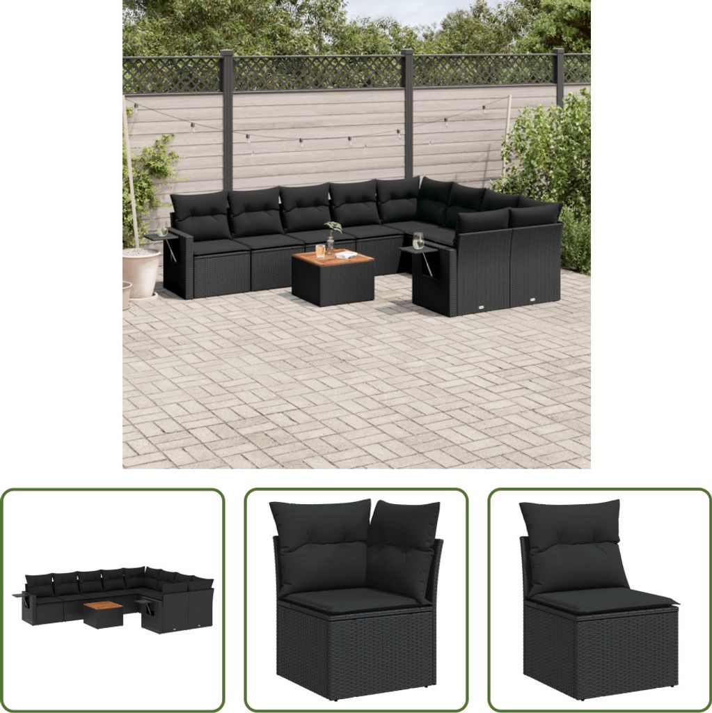 The Living Store 10-tlg. Garten-Sofagarnitur mit Kissen Schwarz Poly Rattan