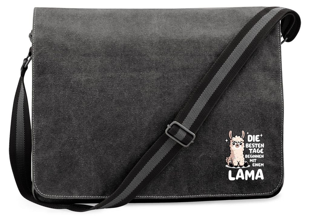 Huuraa Umhängetasche Besten Tage beginnen mit einem Lama 14 Liter Black Canvas Laptoptasche Geschenkidee