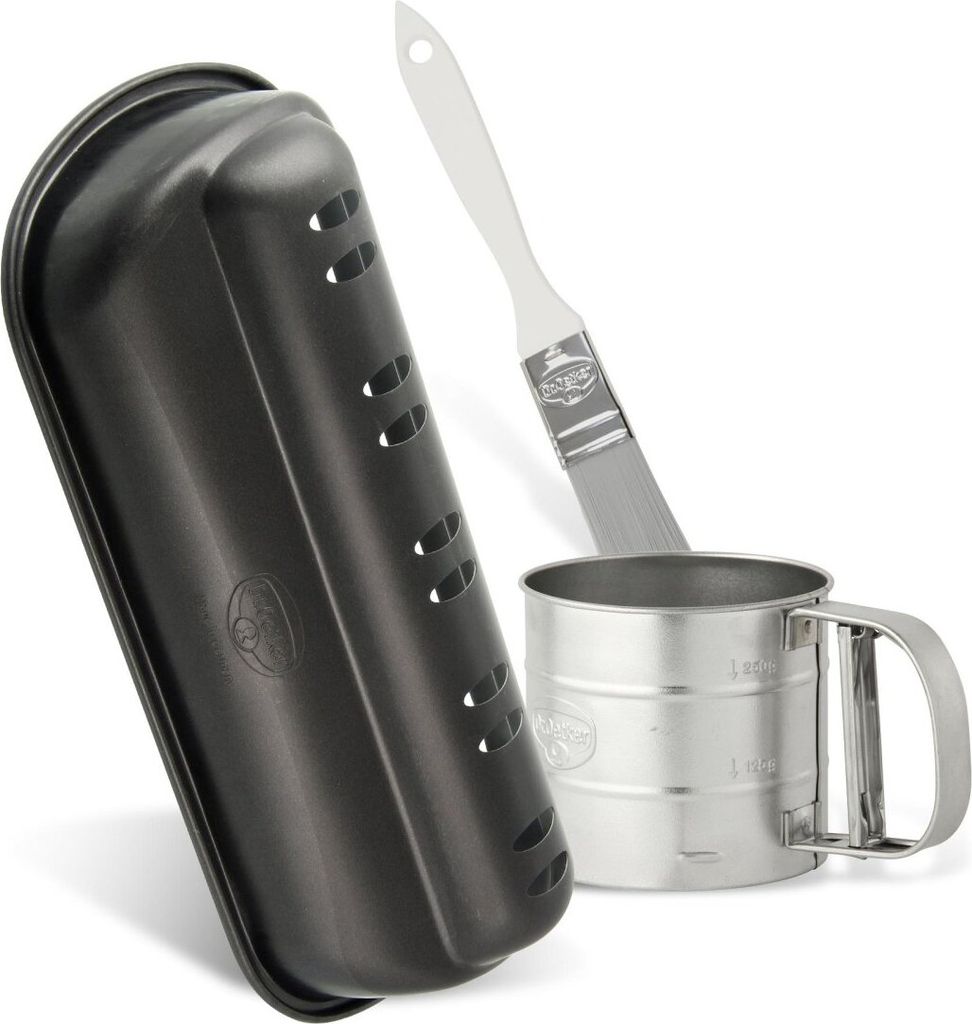 Dr. Oetker Back-Set Christstollen, Stollenform mit Antihaftbeschichtung, Mehl- und Puderzuckersieb aus Edelstahl, Backpinsel aus Kunststoff, hochwe...