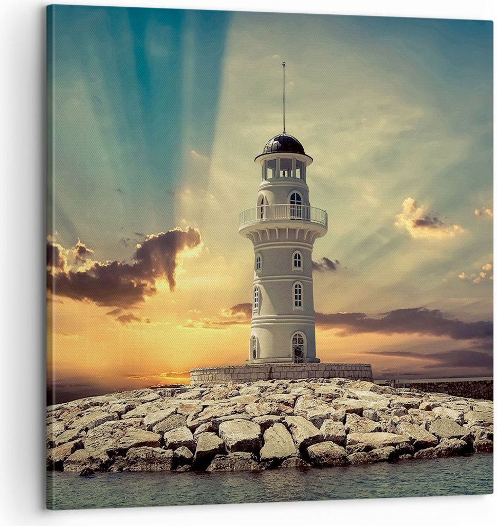 Bild auf Leinwand - Leinwandbild - Leuchtturm Wasser Meer Steine - 60x60cm - Wand Bild - Wanddeko - Leinwanddruck - Bilder - Kunstdruck - Wanddekor...