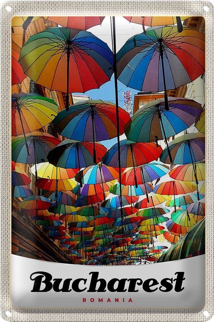 Blechschild Reise 20x30cm Bukarest Rumänien Regenschirm bunt