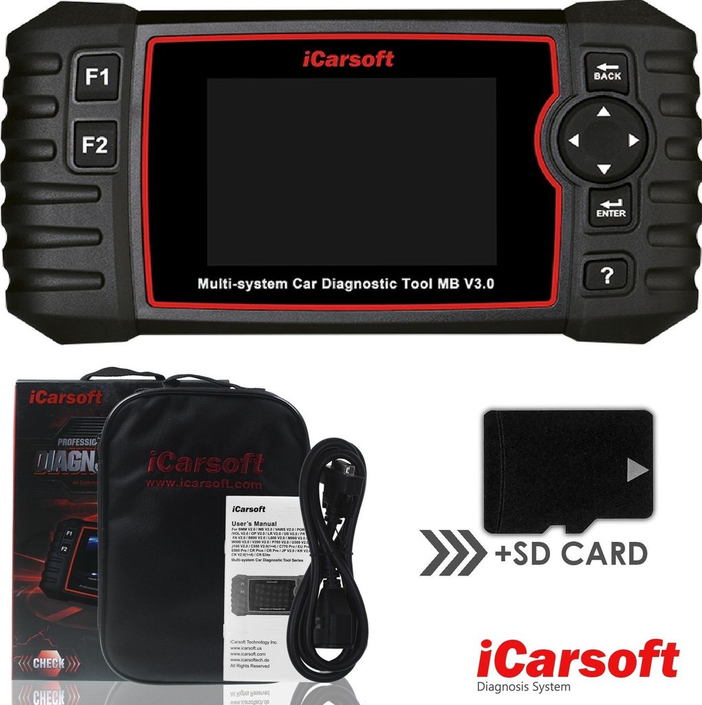 A car diagnostic tool and its accessories are displayed against a white background.