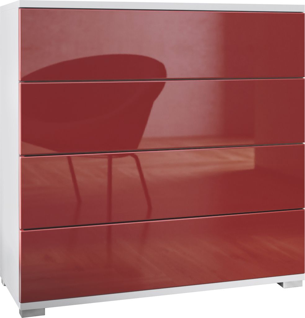 Vladon Kommode Pavos V3, Sideboard mit 4 Schubladen Weiß matt/Bordeaux Hochglanz (76 x 76 x 35 cm)