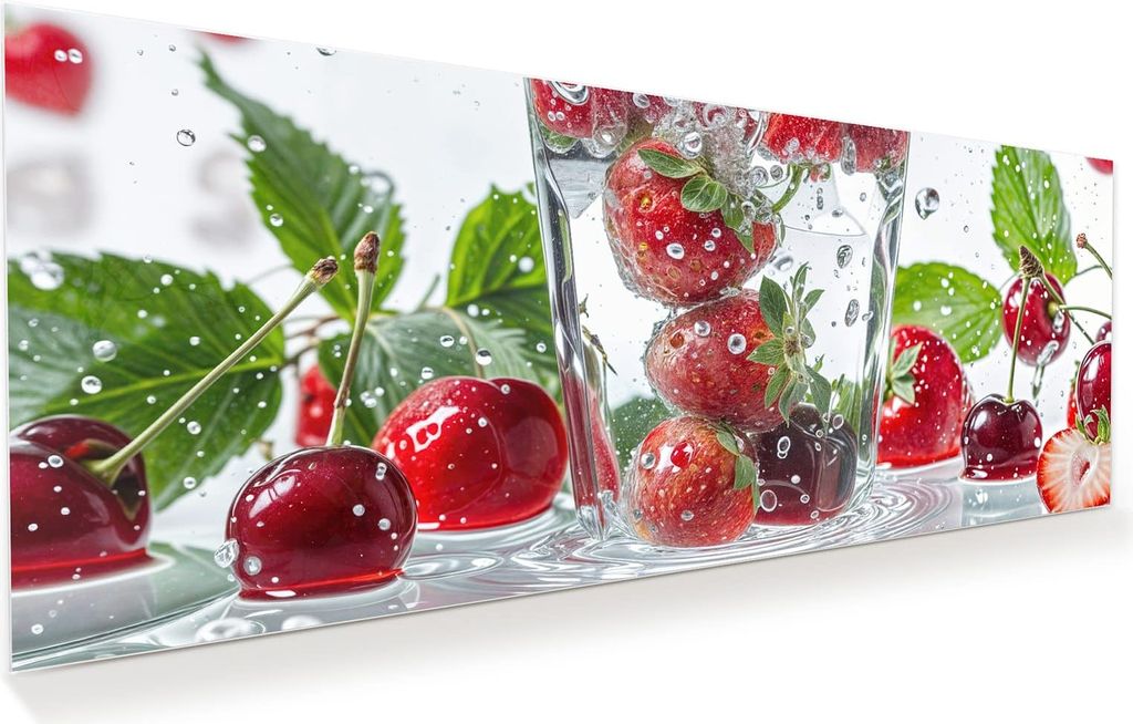 Glasbild 100x40cm in XXL für Wohnzimmer, Schlafzimmer Motiv Erdbeeren und Kirschen