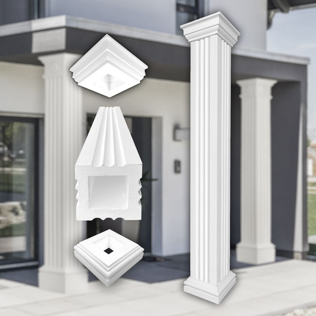 PRESTIGE DECOR Säule mit Teil-Kannelierung 305x305mm Quadratisch Kunstharzputz weiß, Fassadenverkleidung aussen Stucksäule Wandverkleidung (LC10...