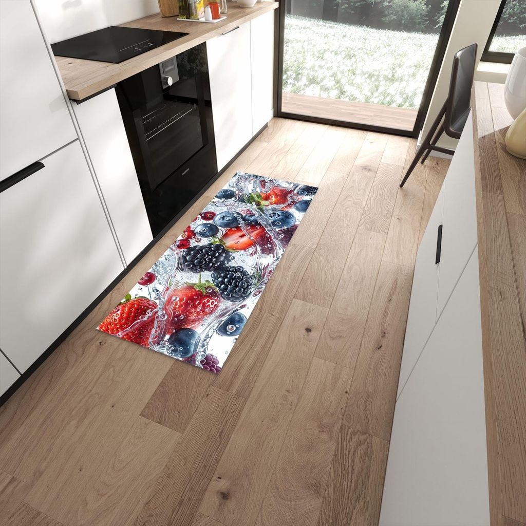 Küchenteppich 60x150cm rutschfest & abwischbar PVC Läufer - Beeren im Wasser