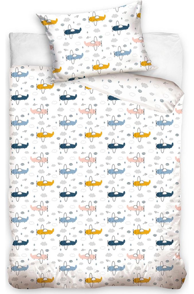 Baby Bettwäsche Flugzeuge, 100% Baumwolle, Wendbar, Reißverschluss, 100x135 cm + 40x60 cm