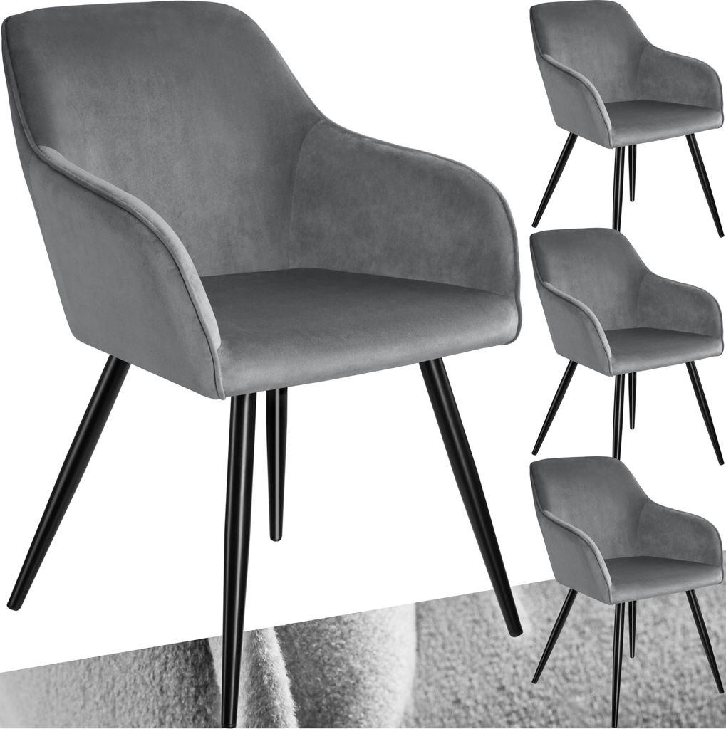A collage of gray velvet dining chairs with black legs.
