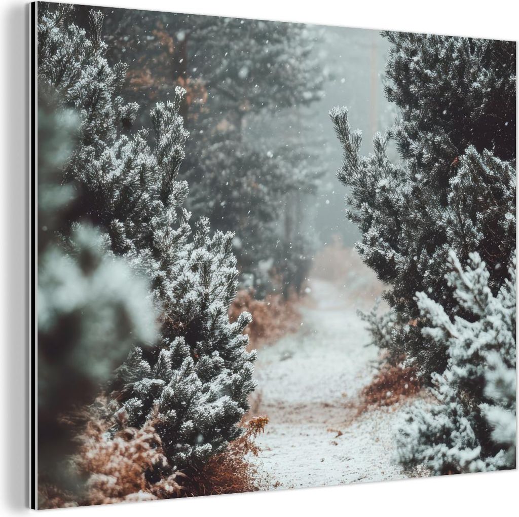 MuchoWow Wanddekoration Metall Metallbild Wandkunst 80x60 cm Wald - Winter - Bäume - Natur - Weg - Schnee MuchoWow Aluminium Gemälde - Alubild