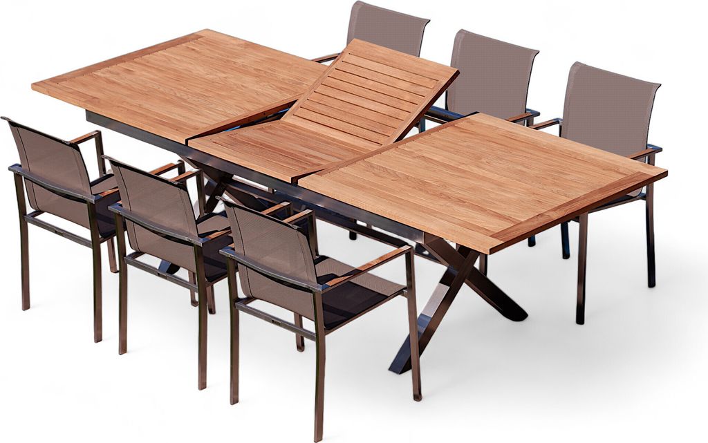ALEOS. Gartengarnitur Edelstahl Teak Set: Ausziehtisch 200-260x100 cm + 6 stapelbare Sessel Edelstahl Teak Gewebe taupe braun Sitzgruppe A-Grade Te...