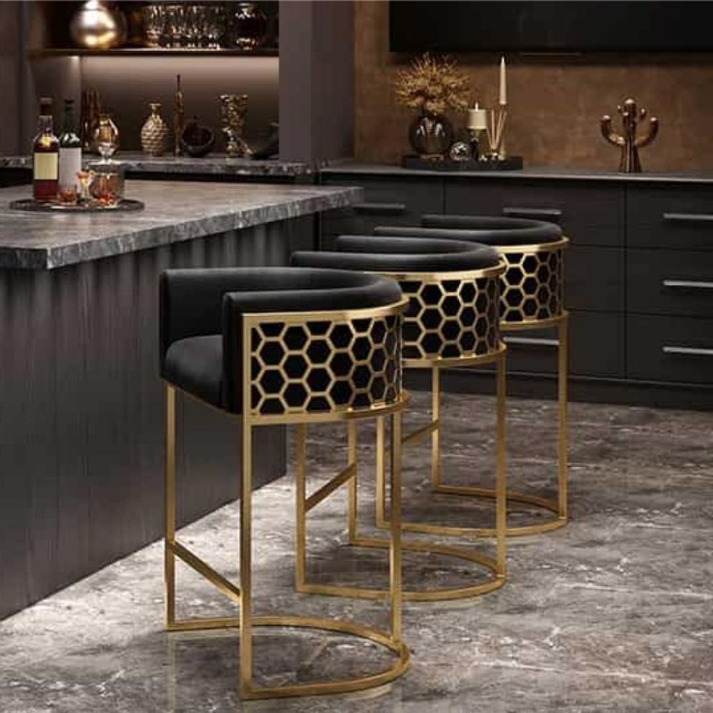 Edler Barhocker LEGANZA schwarz Samt gold Edelstahl Produktbild 