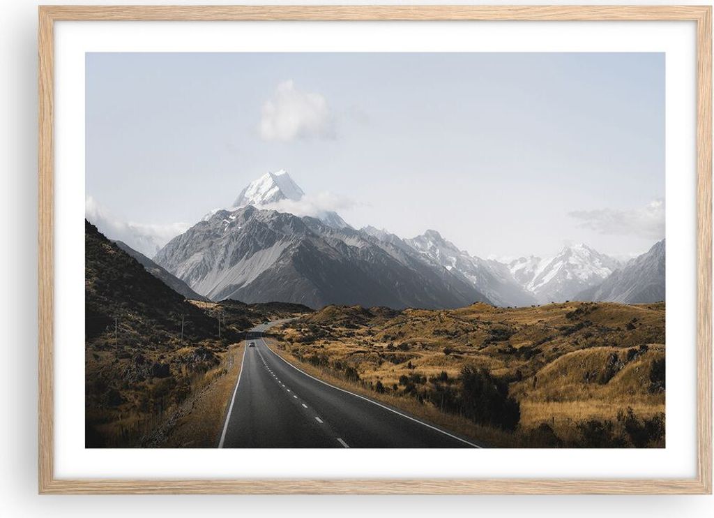 Gerahmtes Poster - Rahmen in heller Eiche - Weg Berg Gipfel - 70x50 cm - Wand Bild - Wanddeko - Wandbilder - Kunstposter - Wandposter - Bilderrahme...