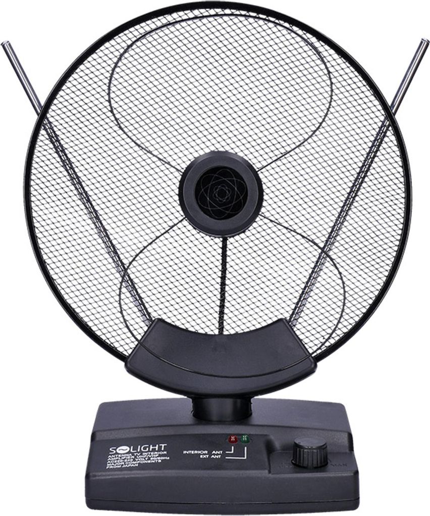 A black indoor TV antenna with a circular mesh dish and two adjustable rods, mounted on a black base with controls and indicators.
