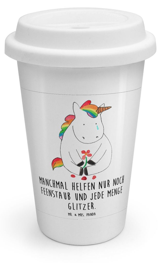Mr. & Mrs. Panda Thermobecher To Go Einhorn Traurig - Weiß - Geschenk, Einhörner, Kaffeebecher, Liebe, Reisebecher, Thermokaffeebecher, Freunde, ...