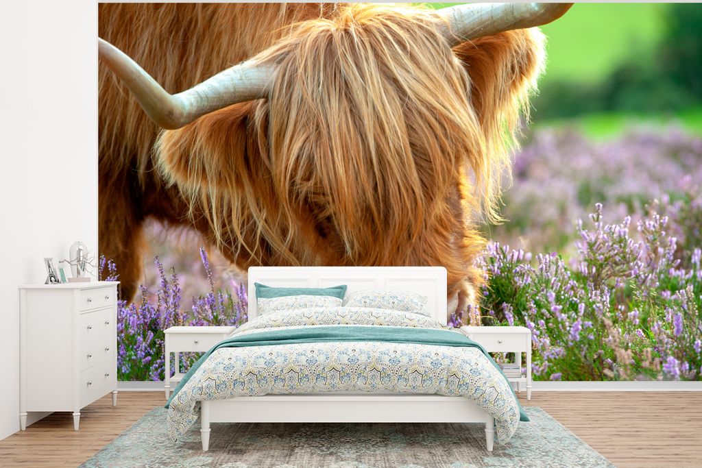 MuchoWow Fototapete für Wohnzimmer oder Schlafzimmer Wandtapete Vinyl Motivtapete Schottische Highlander - Gras - Heidekraut - Tiere - 400x300 c...