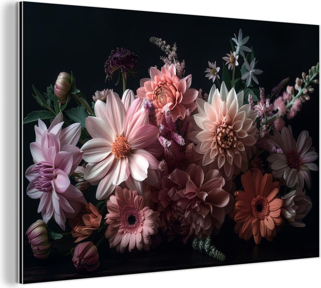 MuchoWow Wanddekoration Metall Metallbild Wandkunst 90x60 cm Blumen - Bunt - Rosa - Modern MuchoWow Aluminium Gemälde - Wandbilder