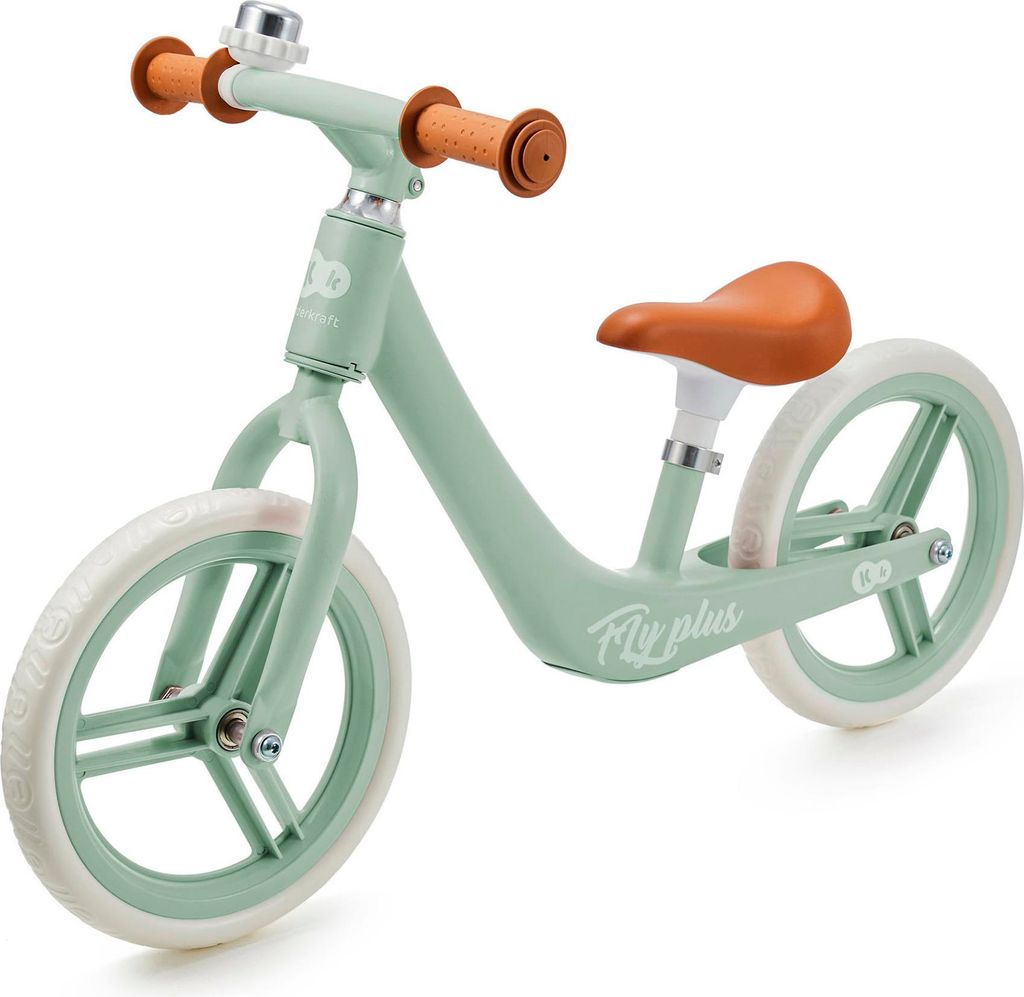 A mint green balance bike with orange handlebars and seat, shown against a white background.