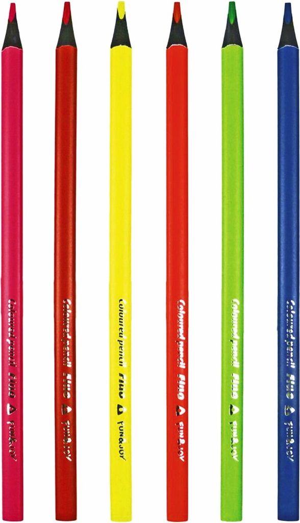 Dreieckige Bleistifte aus schwarzem Holz in neonfarbenen Fun&Joy-Etuis in 6 Farben.