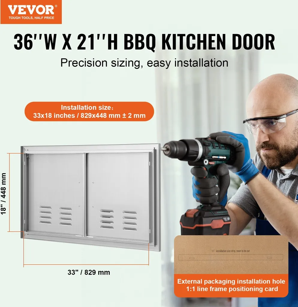 Porta di accesso al barbecue, 914 x 534 mm, Doppia porta per cucina esterna, Porta in acciaio inox a incasso, Porta verticale a parete con maniglie e fessure di ventilazione, per isola barbecue, stazione barbecue, mobile esterno - 2