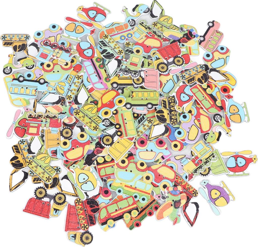 100 Stück Bastelknöpfe aus robustem Holz, Cartoon-Fahrzeug-Stil, verschiedene Farben, helles Holz zum Nähen, DIY-Dekoration, Oldtimer-Stile