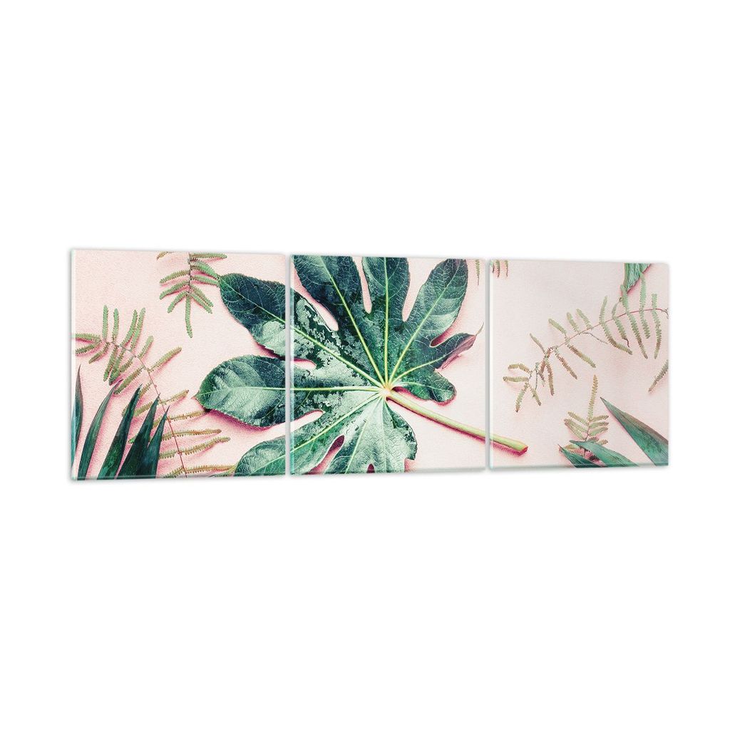 Bilder auf glas - 3 Teile - Blatt Tropisch Palme - 90x30cm - Glasbilder - Wandbilder - Bilder - zum Aufhängen bereit - Wanddekoration aus Glas - G...