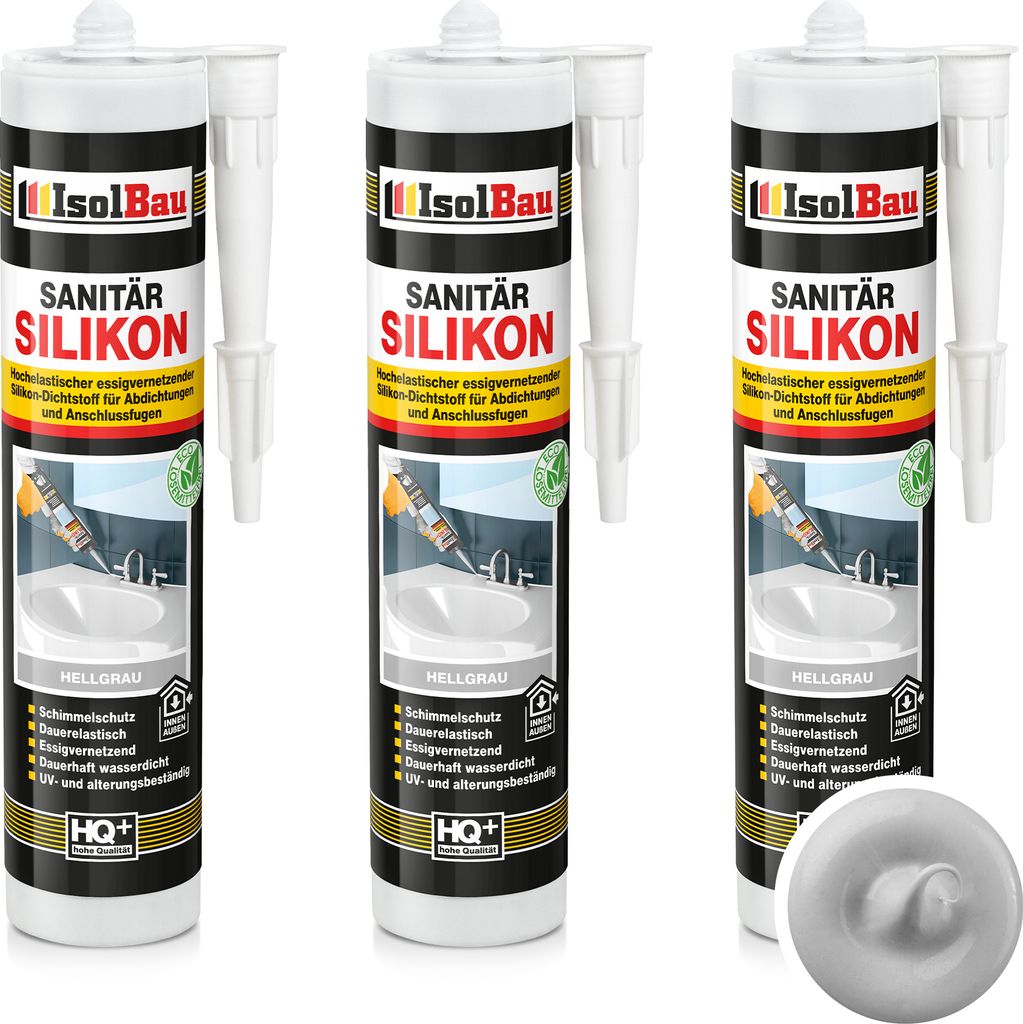 Isolbau Sanitär Silikon 3 x 300 ml Hellgrau - Hochelastischer Silikon-Dichtstoff für Abdichtungen & Fugen – Schimmelresistent, wasserdicht - K...