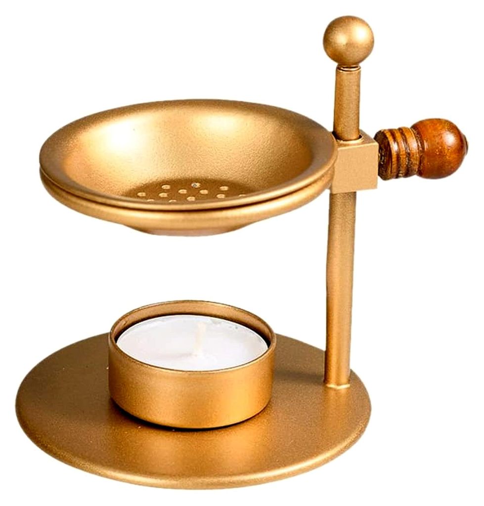 Räucherstövchen aus Eisen in Gold, Höhe: 8,5 cm, Teelichtbetrieb, Gitter für Weihrauch