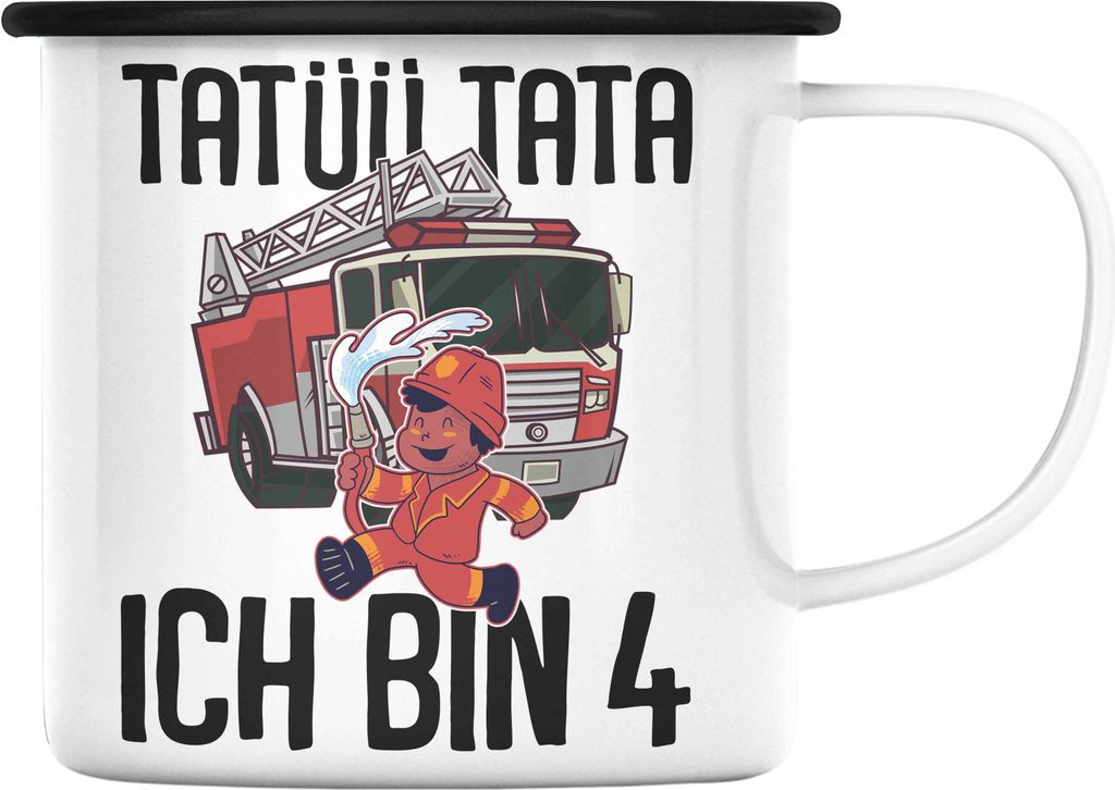Trendation - 4. Geburtstag Geschenk Jungs Feuerwehr Emaille Tasse Geschenke Zubehör Lustig Kinder Geburtstag Spruch Ich Bin 4 (Schwarz)