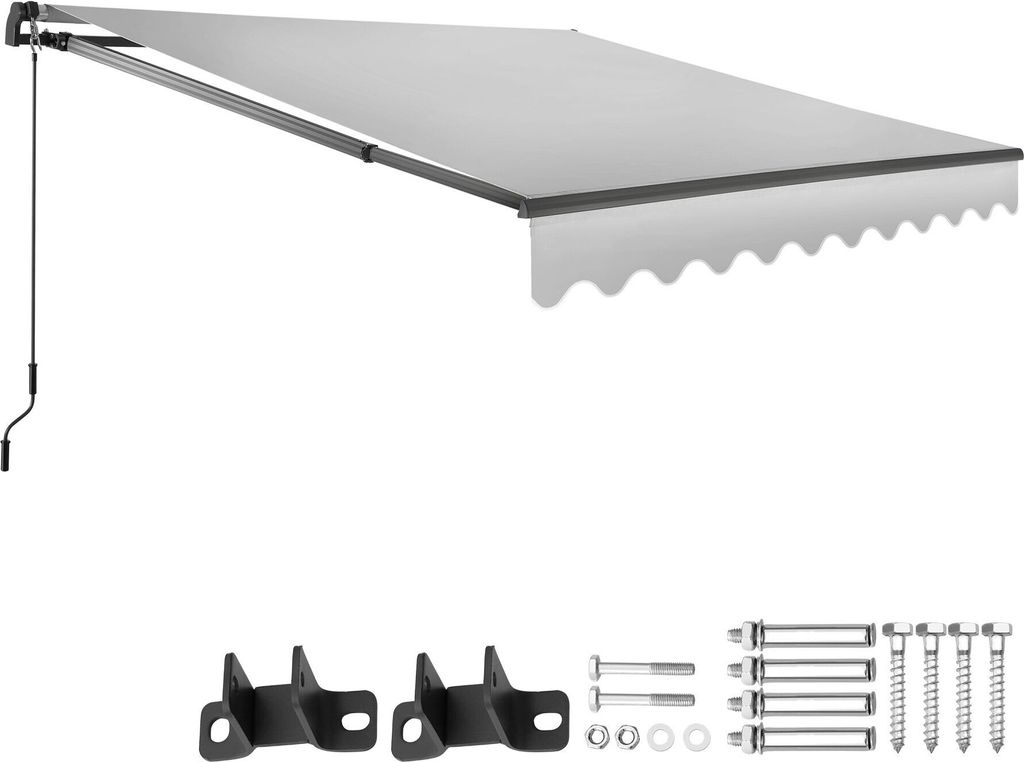 A retractable awning and its mounting hardware are displayed against a white background.