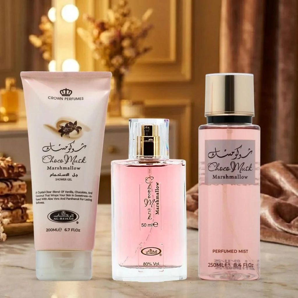 Al Rehab Choco Musk Marshmallow 3-teiliges Duschgel 200 +Parfüm 50 ml +Körperspray 250 ml Geschenkset