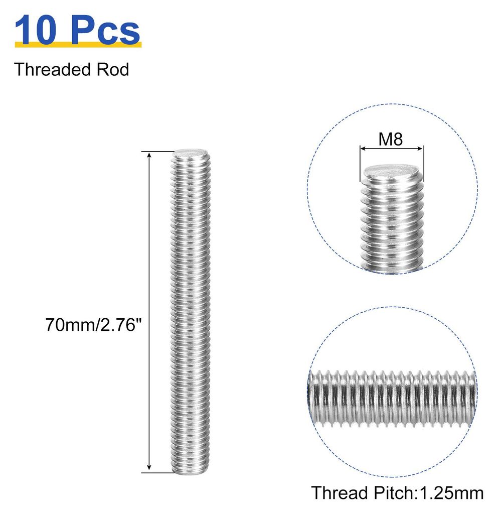 10 Stš¹ck Gewindestange M8 x 70mm Vollgewinde Stange 304 Edelstahl Rechtsgewinde St?be fš¹r Ankerbolzen, Klemmen, Haken und U-Bolzen, 1,25 Gewi...
