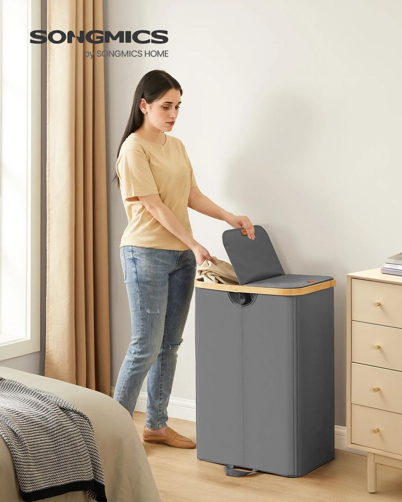 Wäschekorb - Wäschesortierer mit Deckel - Herausnehmbare Wäschesäcke - Montage erforderlich - Hellgrau/Naturbeige