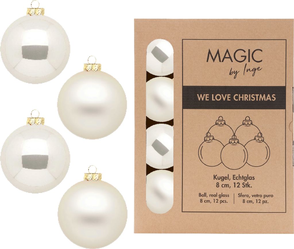 A product shot of white Christmas ornaments next to their packaging.