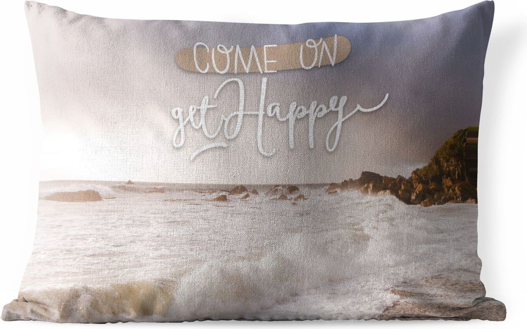 MuchoWow Outdoor Kissen - Sprichwörter - Zitate - 'Komm, werde glücklich' - 60x40 cm - Wetterfest - Lounge Kissen - Zierkissen - Kissen für In...