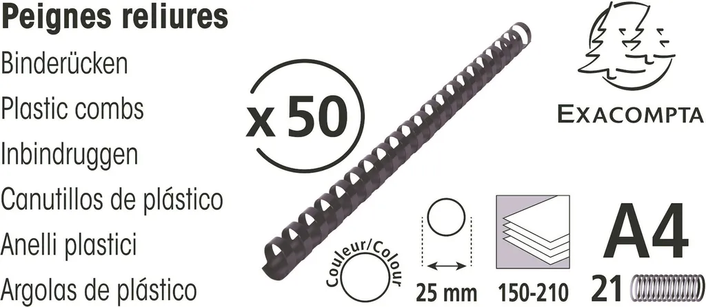 Dorsini Exacompta 75701E 25mm PVC Nero per Rilegatura 210 Fogli