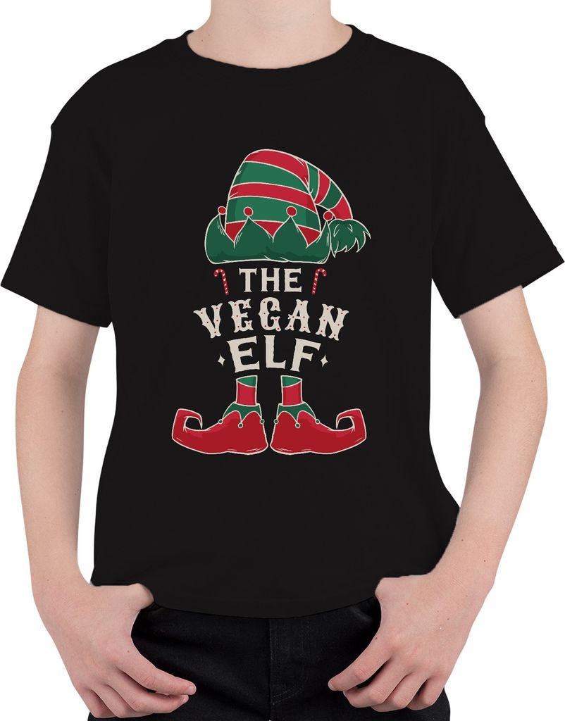 Vegan Elf Veganer - Weihnachten Weihnachtsgeschenk Christmas Uni Kinder T-Shirt, Schwarz, 128