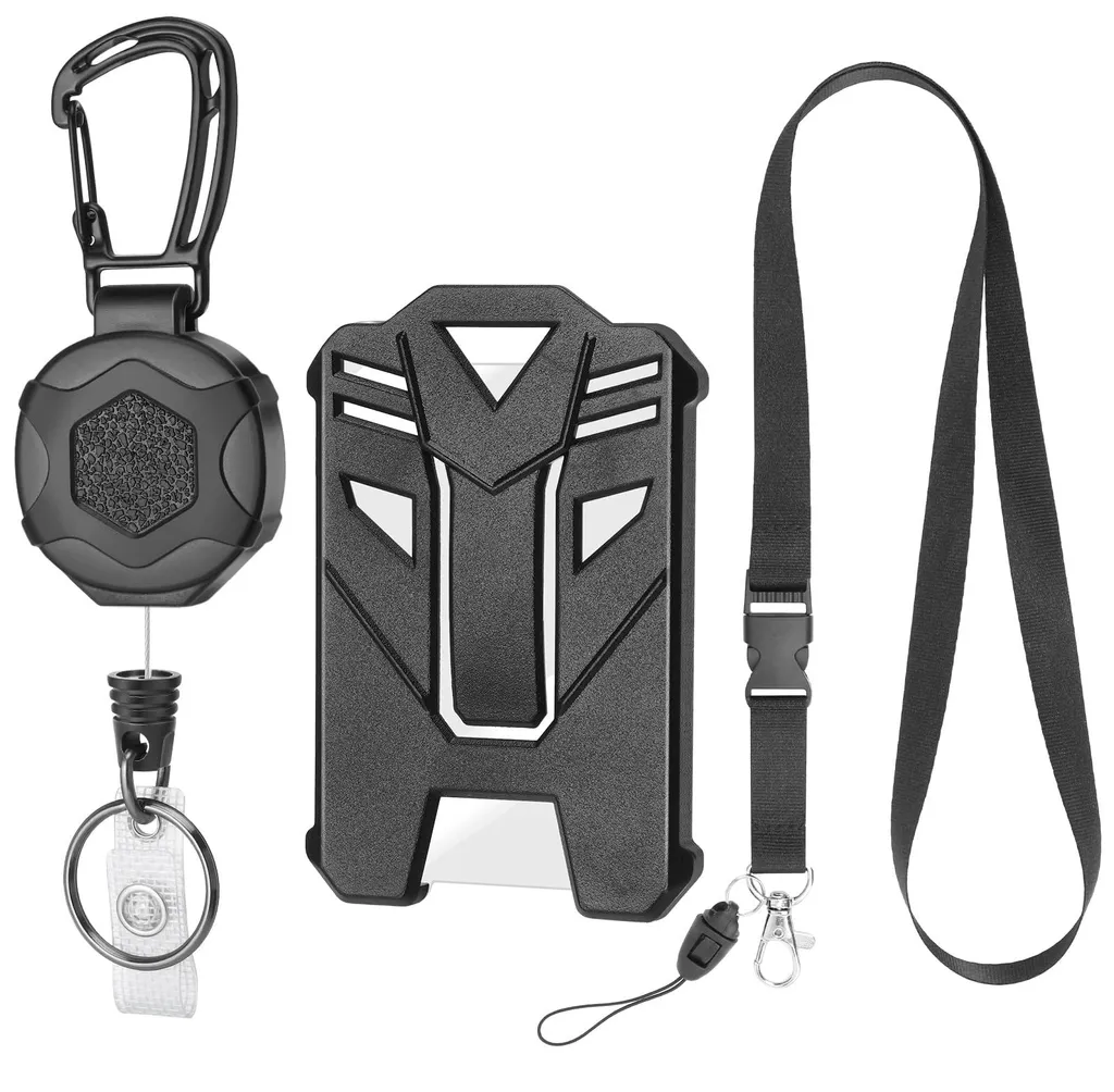 Enrouleur de badge extensible avec cordon acier et mousqueton noir