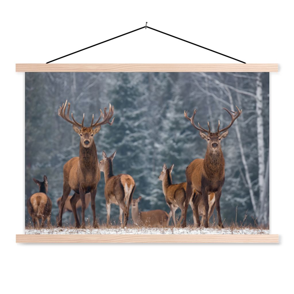 MuchoWow Textilposter Hirsche - Winter - Schnee - Waldtiere - Wald - Natur 60x40 cm mit holzfarbenen Rahmen - Bilder