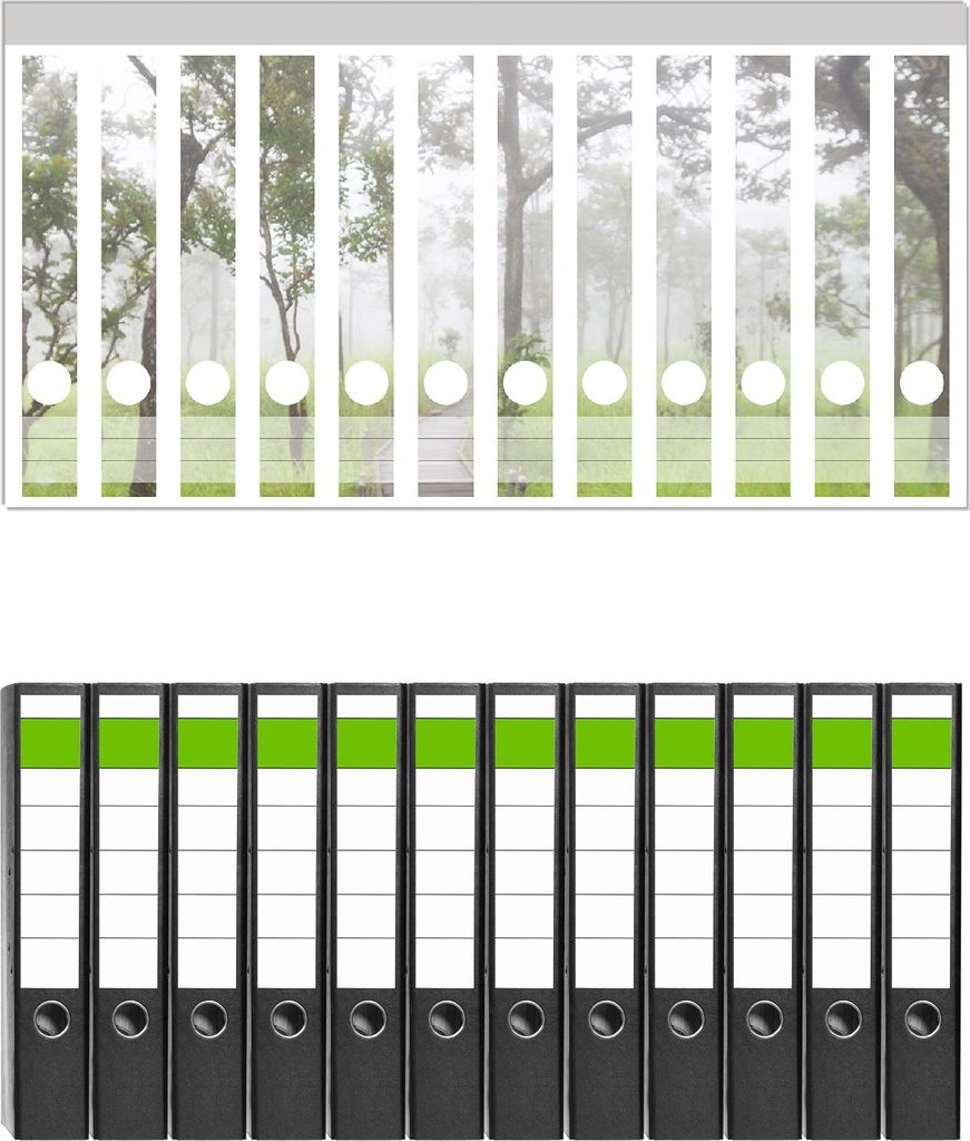 Wallario 12 Stück schmale Ordner inkl. Klebeetiketten mit Motive Pfad durch den Nebelwald - Set mit Rückenschildern / Ordnerrücken Stickern