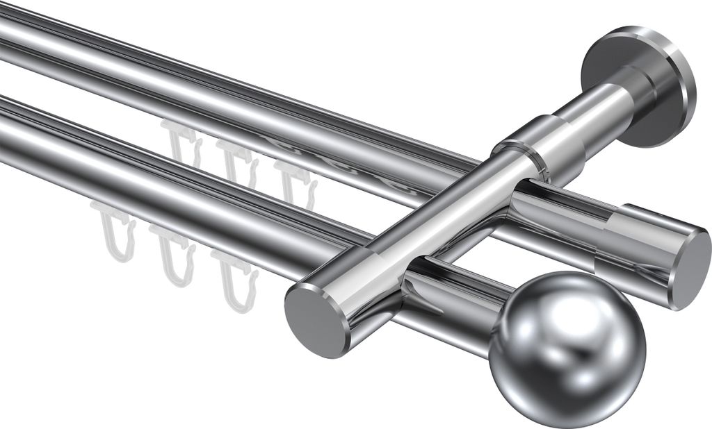 Interdeco Innenlaufstange / Gardinenstange mit Innenlauf Chrom, Typ Prestige Luino (Kugel), 20 mm Ø 2-läufig, 140 cm