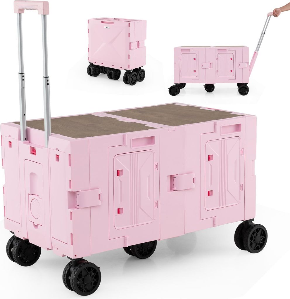 COSTWAY 150L Bollerwagen faltbar, Transportwagen mit Tischplatte, 2 Aufbewahrungskisten, Griff & Getränkehaltern, Gartenwagen bis 60kg, Rosa