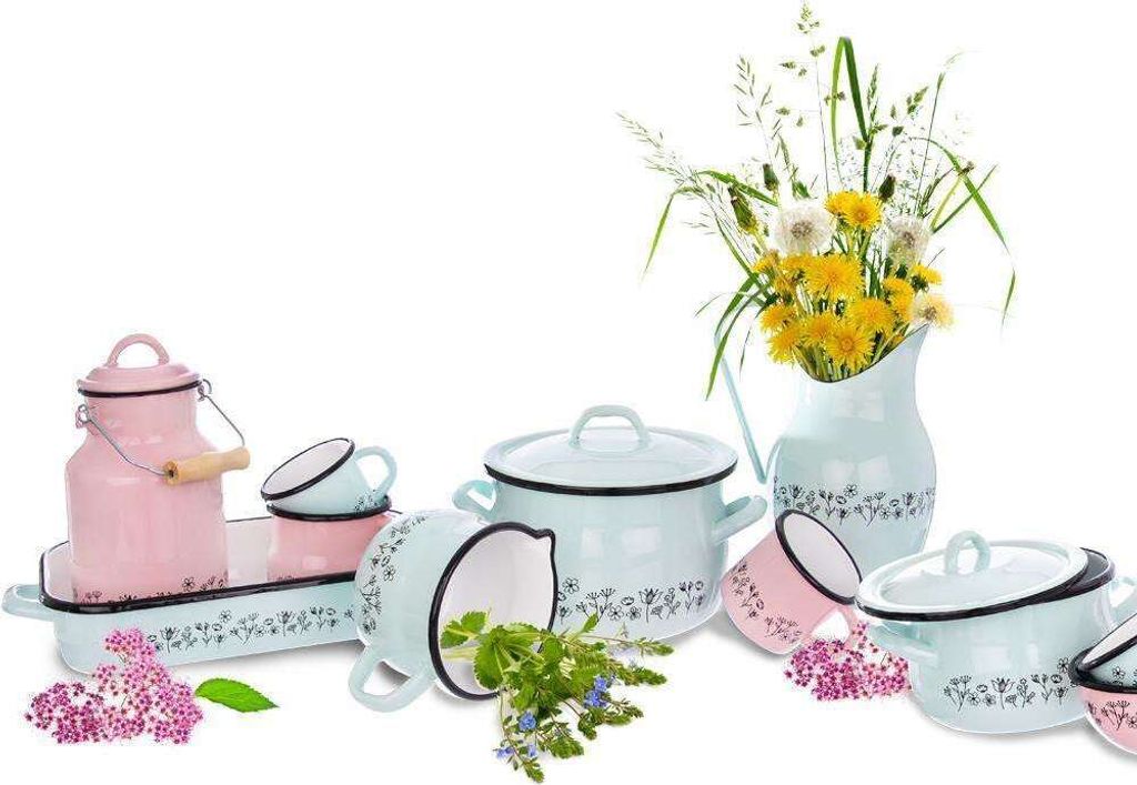 ORION Emaille-Topf emailliert BLUMEN 16 cm Deckel Gas