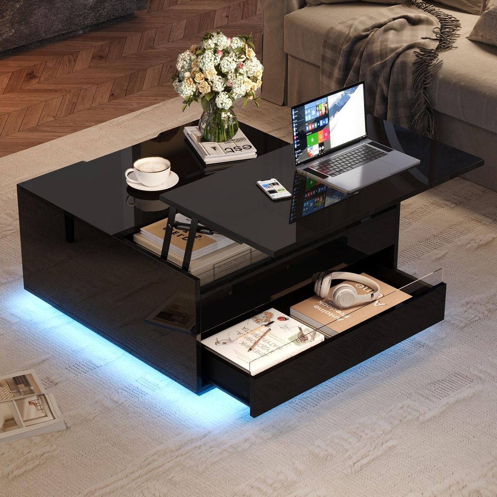 Merax Couchtisch mit LED-Beleuchtung und Stauraum, Anhebbarer und Klappbarer Tischplatte, Wohnzimmertisch Hochglanz Schwarz Mit Acryl-Akzent