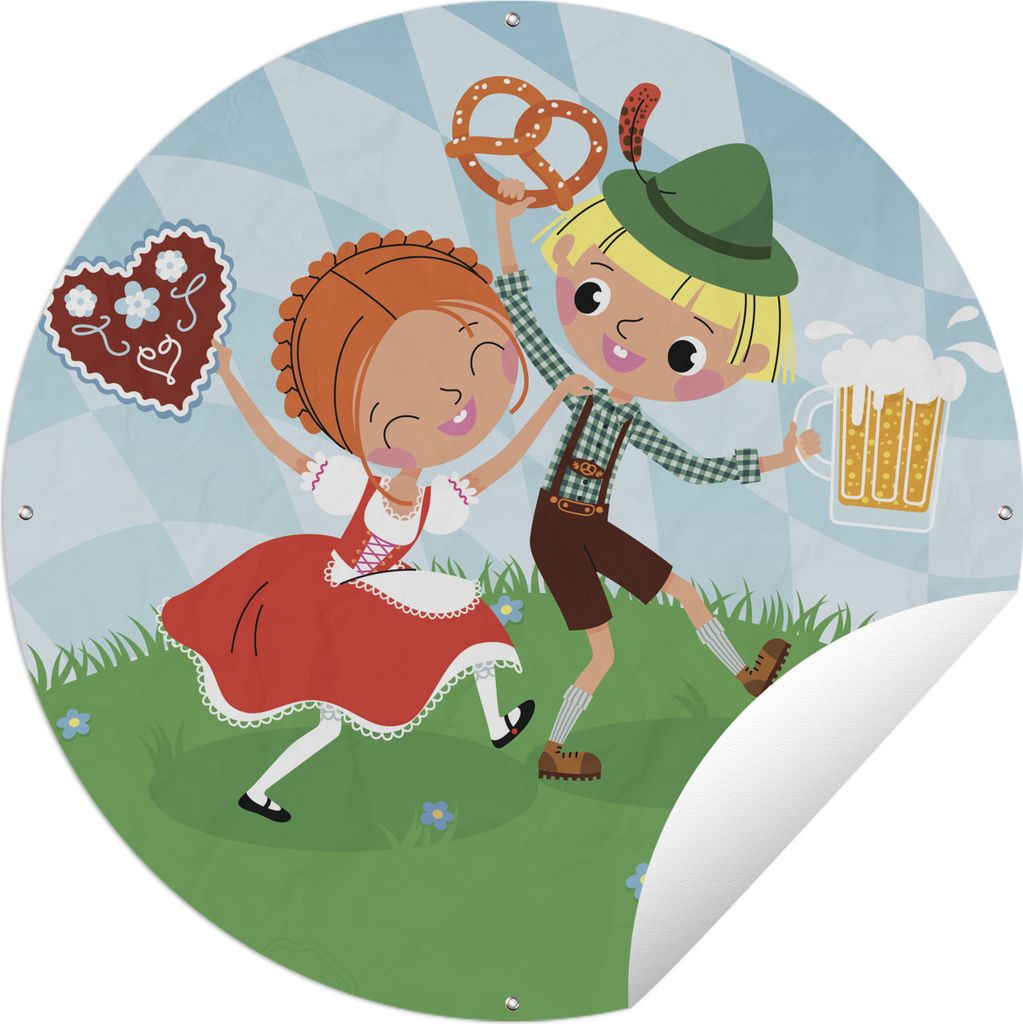 MuchoWow Gartenposter Outdoor-Poster Rund Illustration von zwei Personen in österreichischer Tracht auf dem Ø 90 cm Gartendeko Rundes Poster dr...