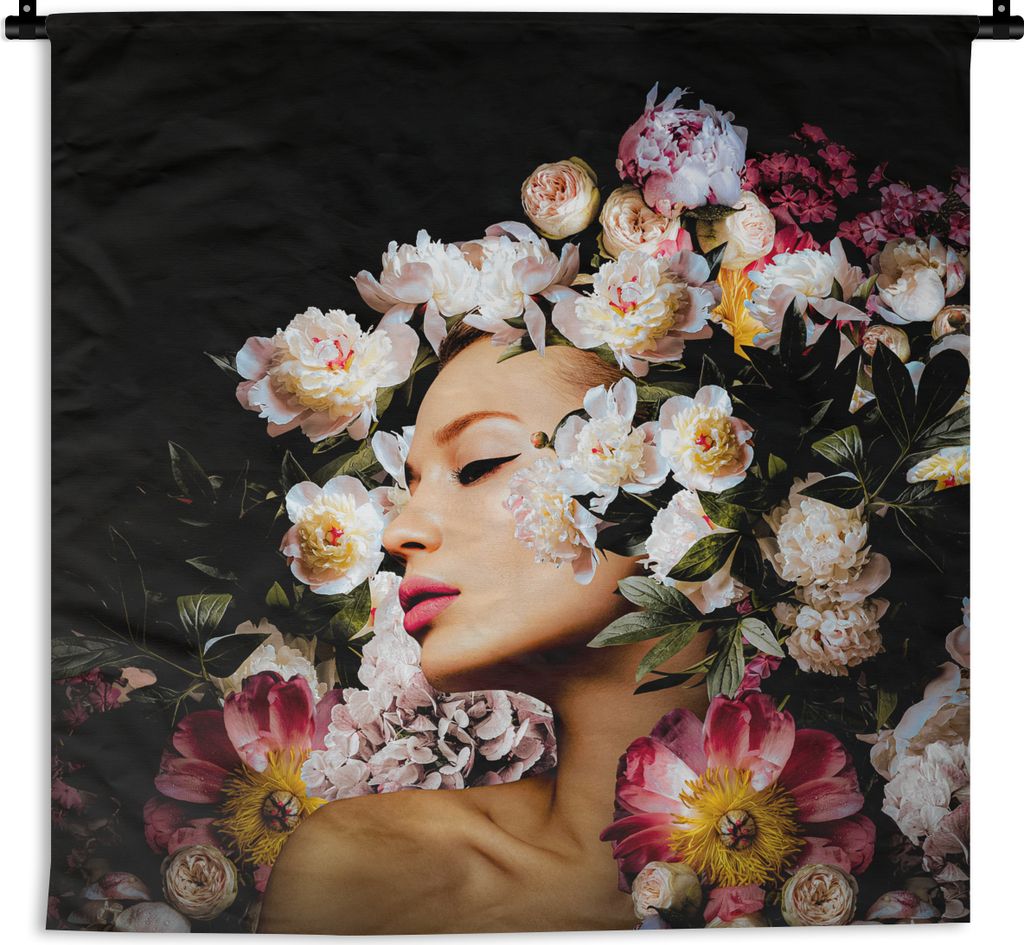 MuchoWow Wandteppich Wandbehang Frauen - Blumen - Rosen - Porträt 120x120 cm Tapisserie Dekoration Wandtuch - Modern - Baumwollgewebe