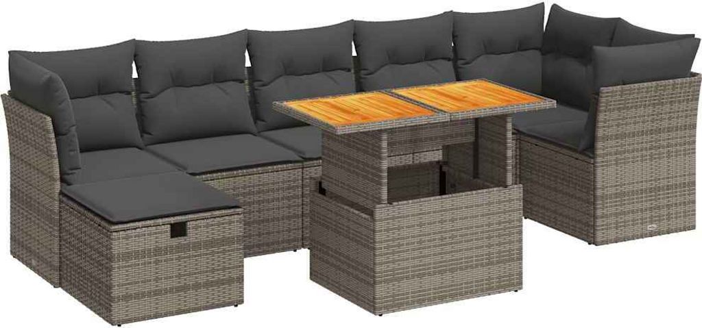 vidaXL 8-tlg. Garten-Sofagarnitur mit Kissen Grau Poly Rattan Akazie